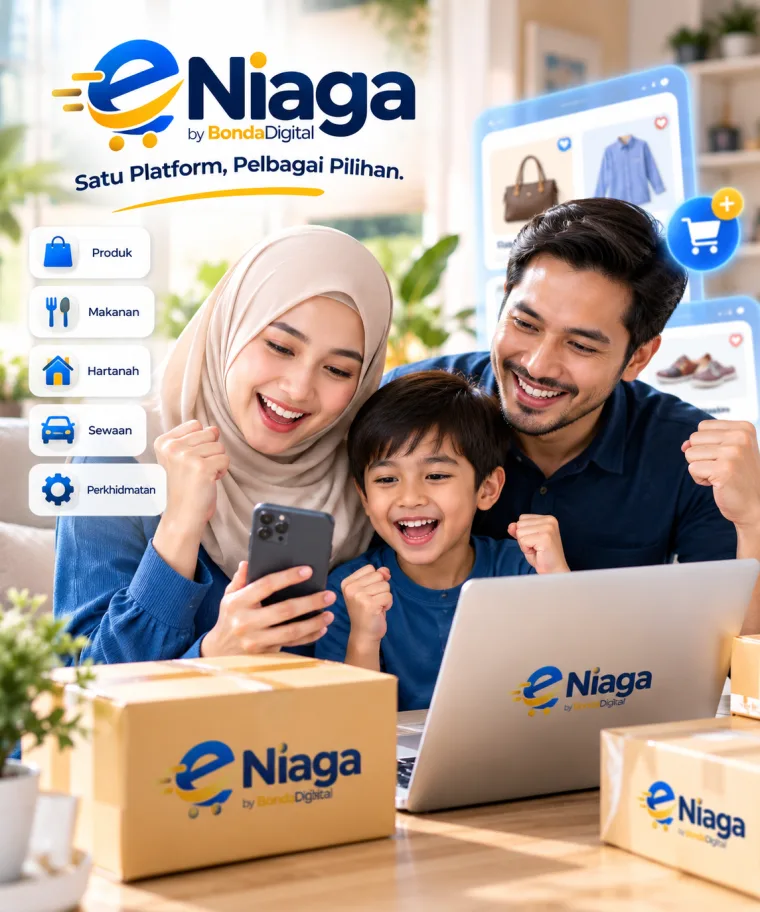 Keluarga gembira membeli-belah bersama eNiaga